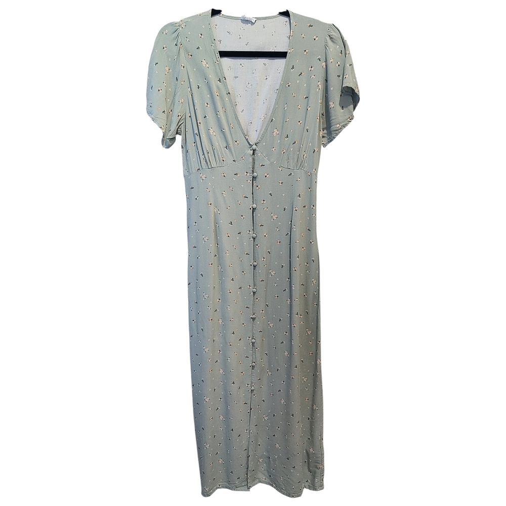 Prairie Maxi Dress Soft Green Floral Women's Size Small Button Front Cotton:On